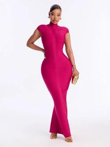 Elegant rose pink bandage maxi dress with stand collar and slim fit silhouette