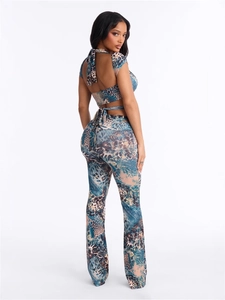 Women's 2-piece animal print set with halter backless top and high-waist flared pants