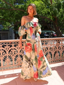 Floral print off-shoulder maxi dress with puff sleeves for beach vacation style