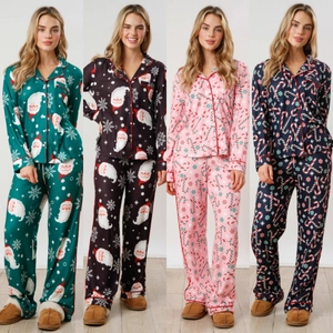 Detailed views of women's Christmas pajama sets featuring festive prints and contrast piping