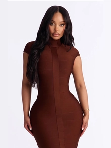Slim fit chocolate brown bandage dress with a mock neck and elegant short sleeves