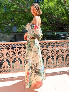 Detailed view of the off-shoulder floral chiffon maxi dress with ruffled sleeves