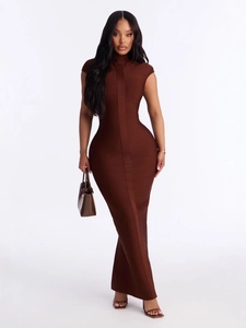 Elegant chocolate brown bodycon bandage maxi dress with chic mock neck and cap sleeves