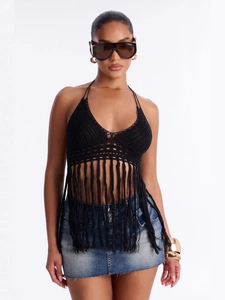 Sexy Women Crochet Halter Top Bohemian Knitted Fringe Tassel Hollow Out Sleeveless Camisole Summer Beach Streetwear Tank Top