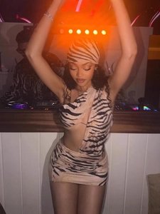 Sexy Animal Tiger Zebra Print Mini Dress And Headscarf Outfit Women Ruched Cut Out Backless Sleeveless Party Clubwear