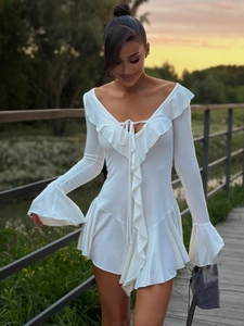 Elegant white slim fit mini dress with V-neck, ruffles and stylish bell sleeves