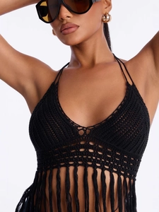 Chic black crochet halter top with fringe hem and boho knit design for women