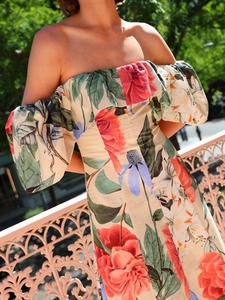 Floral off-shoulder chiffon maxi dress with puff sleeves for summer beach vacation