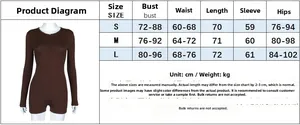 Detailed size chart for the women sexy long sleeve bodysuit with bust zipper and ruched back