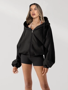 Women Oversized Zip Up Hoodie Casual Solid Color Long Sleeve Loose Sweatshirt With Pockets Fashion Streetwear Jacket Top
