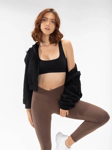 Women casual zip-up hoodie set with black sports bra and brown high waist yoga pants
