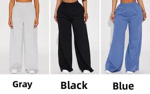 Three-color comparison of high-waisted wide-leg yoga pants in gray, black, and blue tones