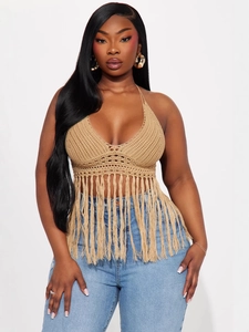 Women's boho khaki crochet halter top with long fringes and knit hollow design