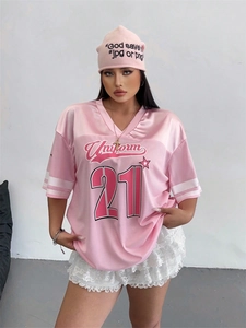 Women American Retro V-Neck Pink Mesh Jersey Top With Uniform 21 Print Loose Short Sleeve Streetwear T-Shirt