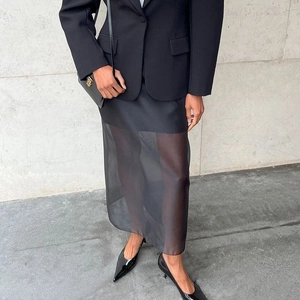 Fashionable black mesh midi skirt with high waist and sheer layered split design
