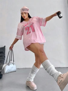 Pink oversized mesh sports jersey T-shirt with Uniform 21 print and matching beanie hat