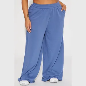 Close-up of high-waist navy blue wide-leg sweatpants with elastic waistband and side pockets
