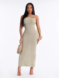 Chic knitted halter neck maxi dress with metal ring detail in light khaki shade