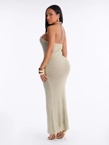Sleeveless knitted backless halter neck maxi dress in light khaki with openwork texture