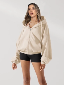 Women's beige hooded zip-up sweatshirt with drop shoulders and ribbed cuffs for casual wear