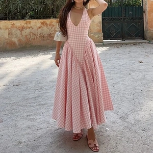 Robe Longue Dos Nu À Col En V Vichy Style Français Pour Femmes Rose Blanc Taille Haute Plissée Sans Manches Vacances