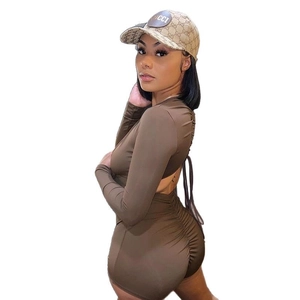 Brown long sleeve romper with back cutout and ruching detail for women's summer fashion