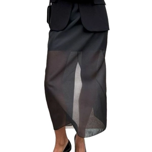 Elegant black double-layered high waist skirt with sheer mesh hem and chic side slit design
