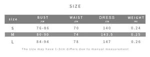 Detailed size chart for elegant strapless dress including bust and waist measurements
