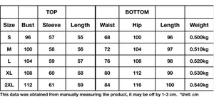 Size chart for women's long cardigan and pants set including bust, waist and length
