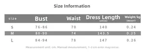 Detailed size chart for evening dress including bust waist and length in cm