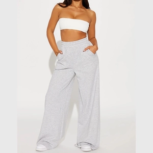 Close-up of high-waisted grey wide-leg sweatpants featuring elastic waist and soft cotton texture