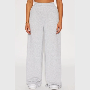 Women's casual high-waisted wide-leg grey sweatpants with elastic waist and relaxed fit