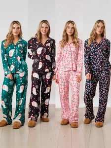 Women's Christmas Pajama Top And Bottom Polyester Long Sleeve Santa Claus Candy Cane Print Festive Sleepwear Holiday Home Suit