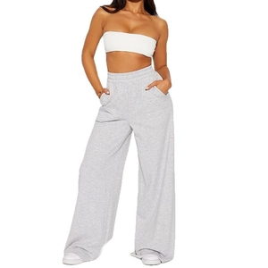 Women's high waisted grey wide leg lounge yoga pants with elastic waistband and pockets