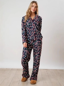Women's navy blue Christmas pajama set with candy cane print, long sleeves and pants
