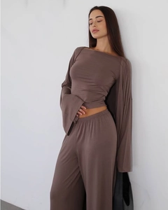 Three-piece mocha brown knit loungewear set with long cardigan and high-waist wide-leg pants