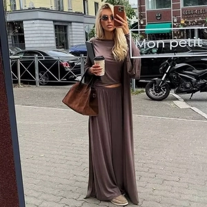 Three-piece lounge set with long cardigan and high-waisted wide leg pants in mauve