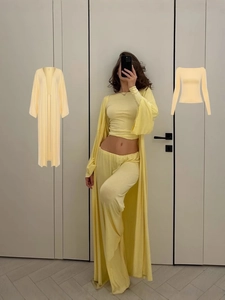 Women Casual Polyester Long Cardigan Round Neck Short Top High Waist Wide Leg Pants Outfit For Loungewear Daily Wear