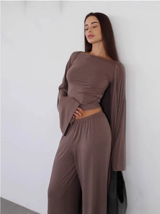 Women's dark brown lounge set with long-sleeved top and high-waisted wide-leg pants