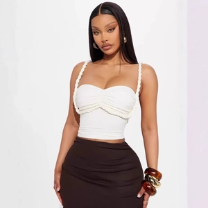 Sexy Ruched Camisole Top With Braided Rope Straps Sleeveless Solid Color Slim Fit Short Tank Top For Women Vacation Clubwear