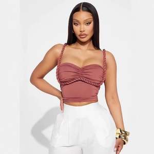 Chic rose pink knitted tank top with braided rope straps and pleated chest detail