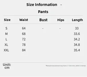 Detailed size chart for women's shorts showing measurements from S to XXL in cm