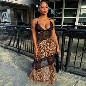 Elegant leopard print maxi dress with black lace splicing and deep V-neckline for women
