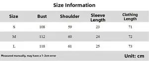 Detailed size guide table for loose casual T-shirt with bust and shoulder measurements