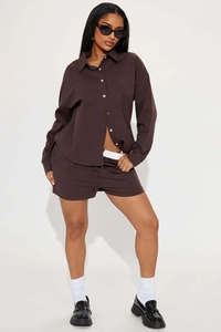 Detail of chocolate brown striped shirt and drawstring shorts loungewear set for women