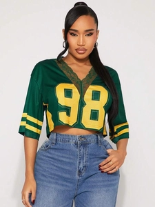 Haut Court Femme Dentelle Col en V Mesh Impression Numéro 98 Style Maillot T-Shirt en Polyester à Manches Courtes Sportif