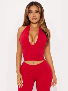 Women's chic red halter V-neck crop top and high waist leggings two piece outfit set