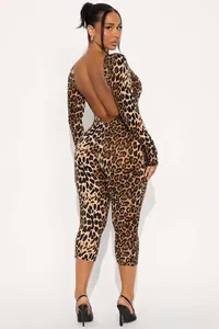 Detailed back view of leopard print long sleeve bodysuit with sexy open back cutout
