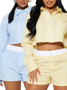 Women Striped Lounge Clothing Top And Shorts Long Sleeve Button Up Cropped Shirt With Matching Elastic Waist Shorts Outfit