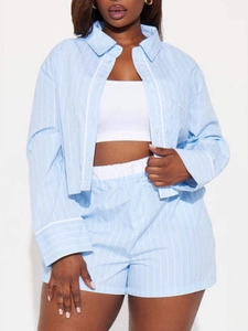 Women's blue striped long sleeve shirt and shorts set for casual summer loungewear